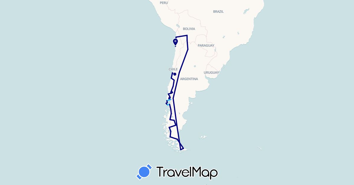 TravelMap itinerary: driving, boat in Argentina, Bolivia, Chile (South America)